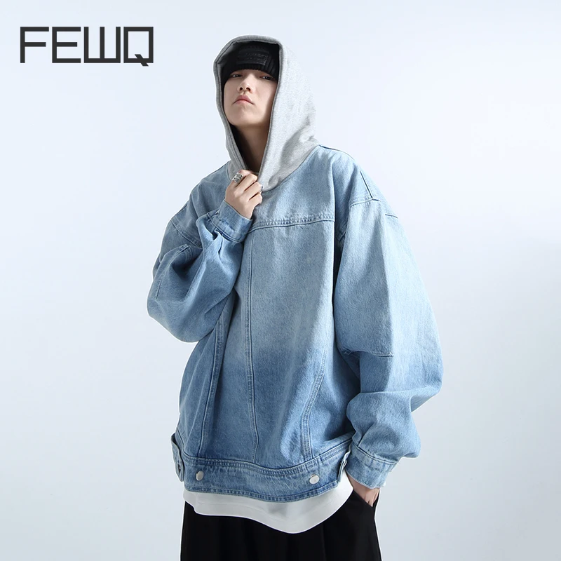

Мужская джинсовая толстовка с капюшоном FEWQ, джинсовая Толстовка в стиле пэчворк контрастных цветов, новинка 2023, 24X1401