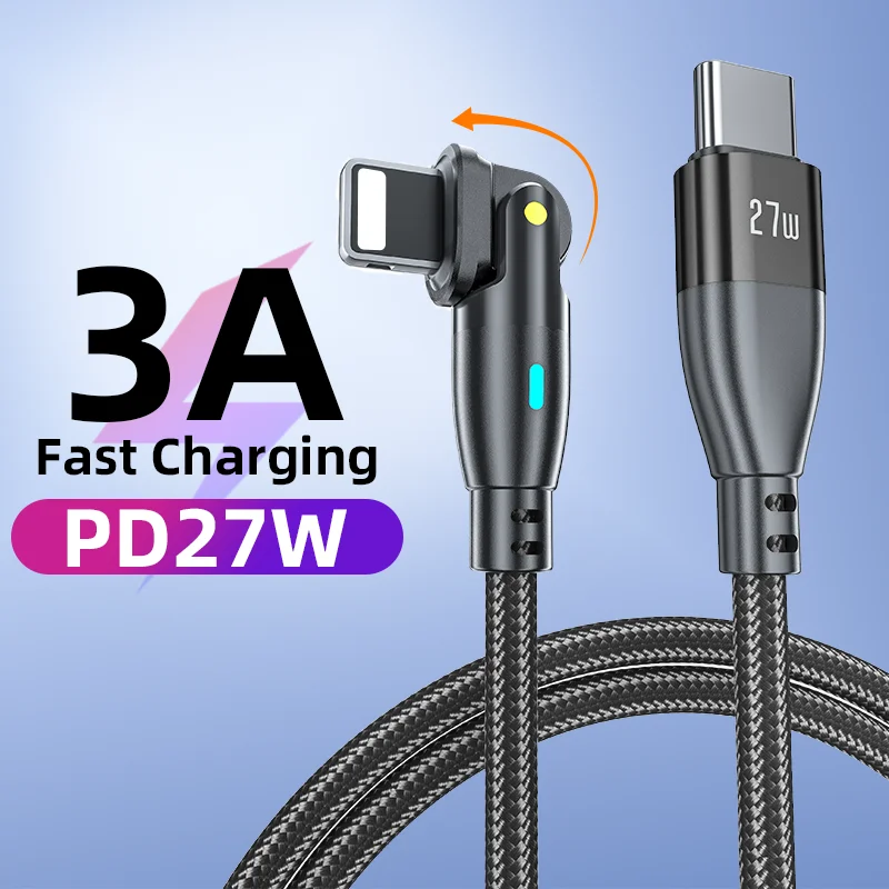 

PD27W USB Type C кабель для быстрой зарядки, вращающийся на 180 градусов кабель 3 А, шнур для передачи данных с индикатором для iPhone 14 13 11 Pro Max