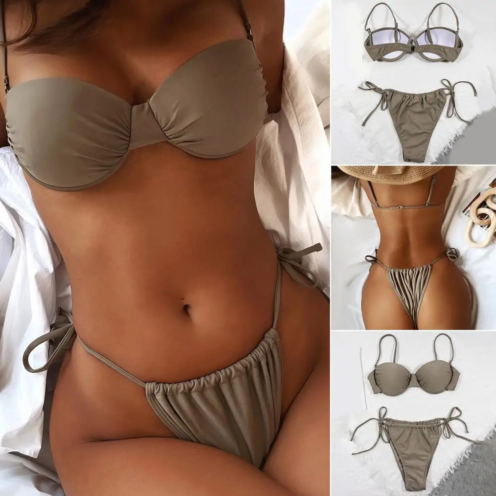

2Pcs/Set Attractive Bikini Push Up Summer Split Bikini Pure Color Lace-up Split Bikini