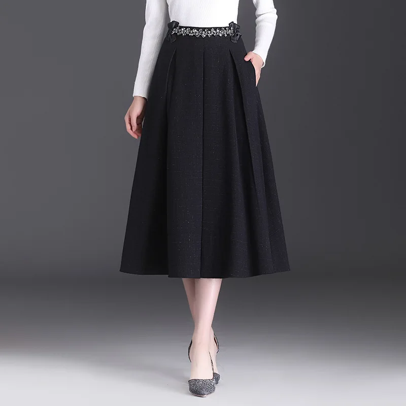 

Women Fashion Splice High Waisted A-line Long Skirts 2022 Autumn Office Lady Elegant Vintage Loose Casual Black Skirts 4XL 8915