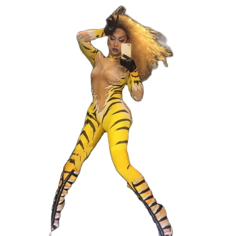 Соблазнительный тигровый комбинезон боди с блестящими кристаллами костюм для