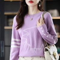 2022 autumn and winter 100 pure wool ladies round neck pullover color block sweater fashion knitted temperament all match top