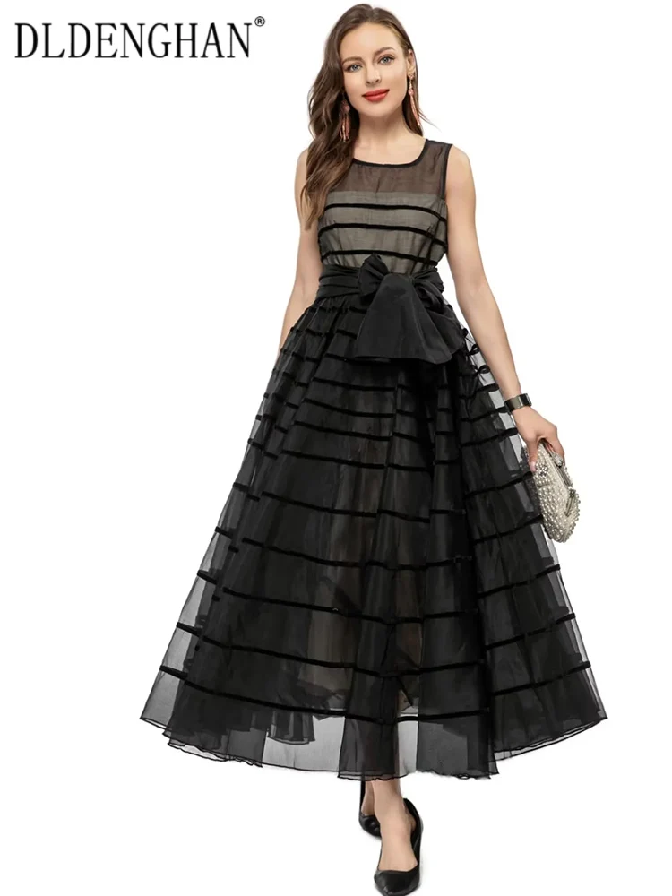 

DLDENGHAN весенне-летнее женское длинное платье с воротником без рукавов в полоску с ремнем и высокой талией, элегантные модные женские платья, Новинка