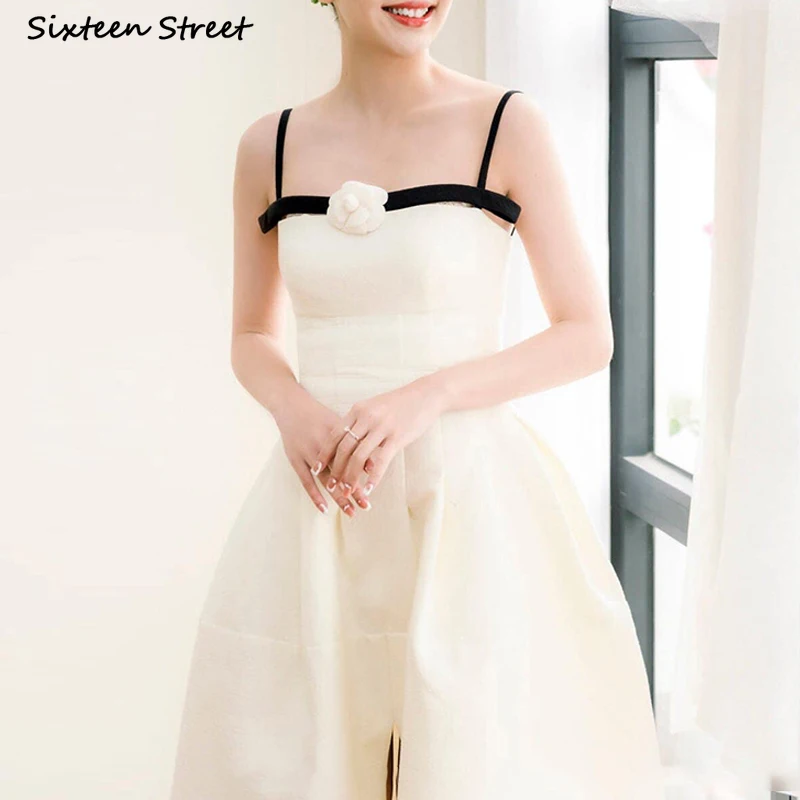 

White Elegant Women Dress with Flower Strapped Sleeveless Bodycon Dresses Vintage A-line Sexy Split Party Vestido Ladies