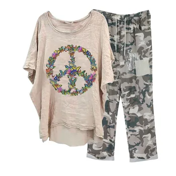 Two Piece Sets Womens Elegant Peace Print V-Neck Boho Retro Set Tops Pants Suit Summer Harajuku Short Sleeve Female Outfits 1