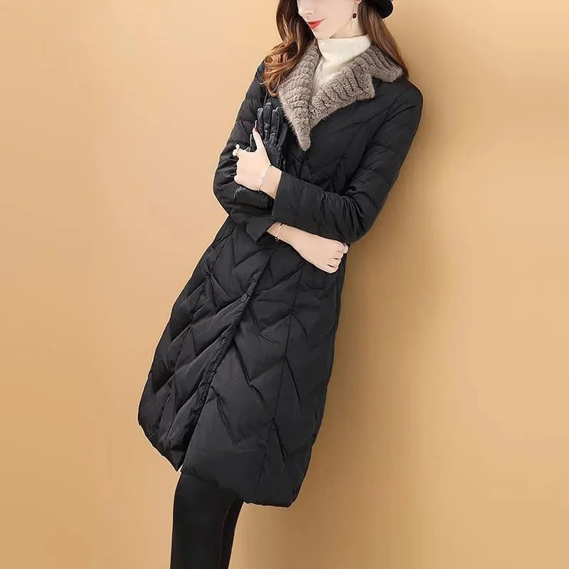 Female Fashionable Warm Imitation Fox Fur Collar Imitation Down Jacket Women 2022 Winter New Mid-Length Waist Cotton Coat thick