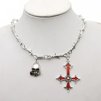 red bloody skull rose inverted cross pendant necklace vintage gothic cross pendant necklace devil lucifer satan satanic jewelry