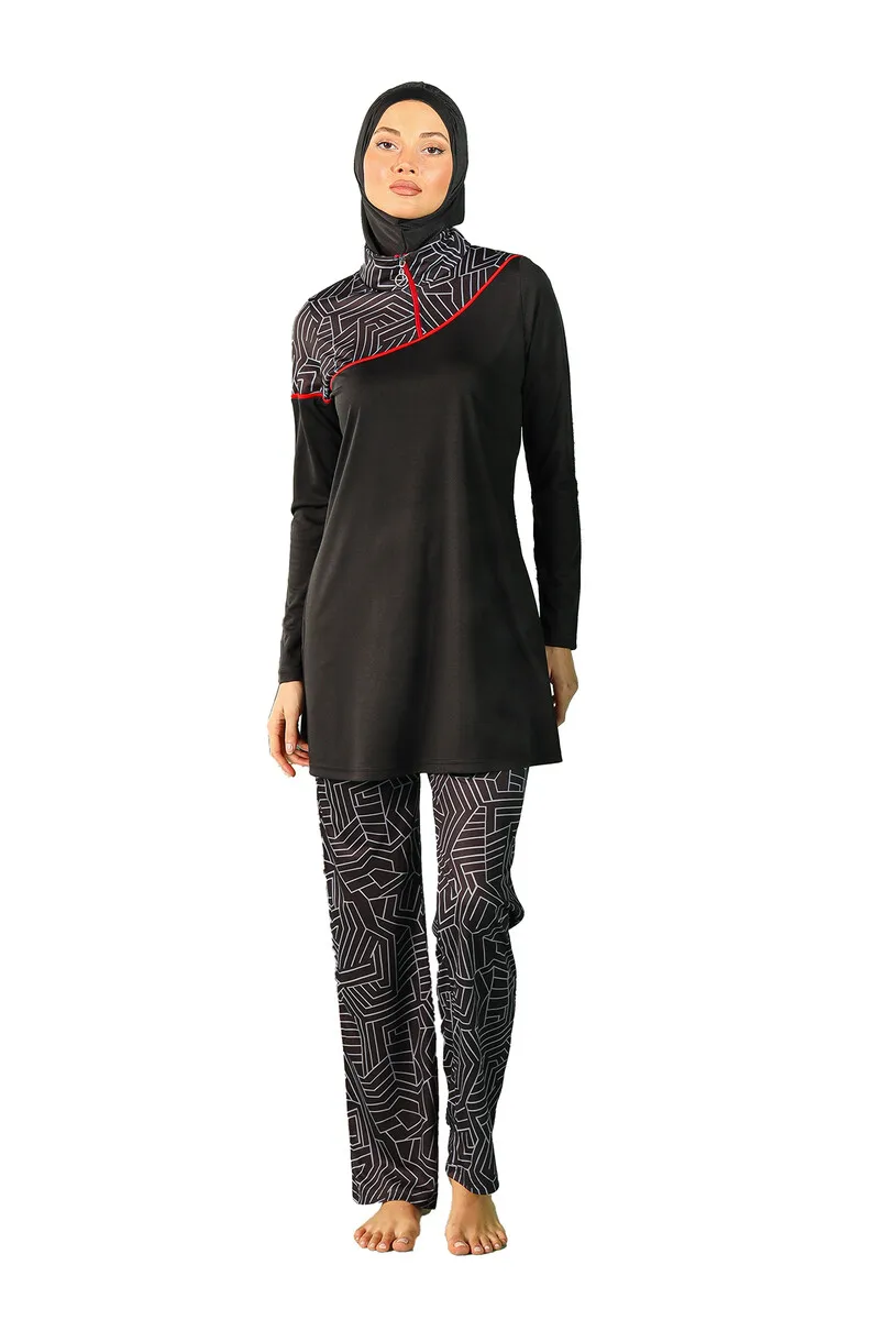 IQRAH Rivamera Full Covered Black Pattern Detailed Hijab Swimwear R1117