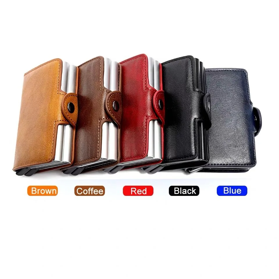 New Leather Solid Color Automatic Snap Card Bag Shielded Anti Theft Brush Wallet Aluminum Alloy Card Box Card Sleeve