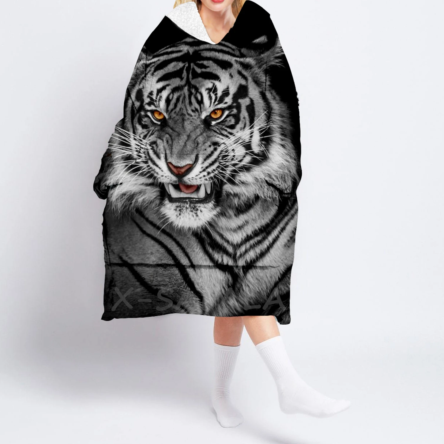 

Tiger King Printed Oversized Hooded Wearable Blanket Hoodie Robes Sherpa Pocket Female Man Sleepwear Nightdress Pajamas