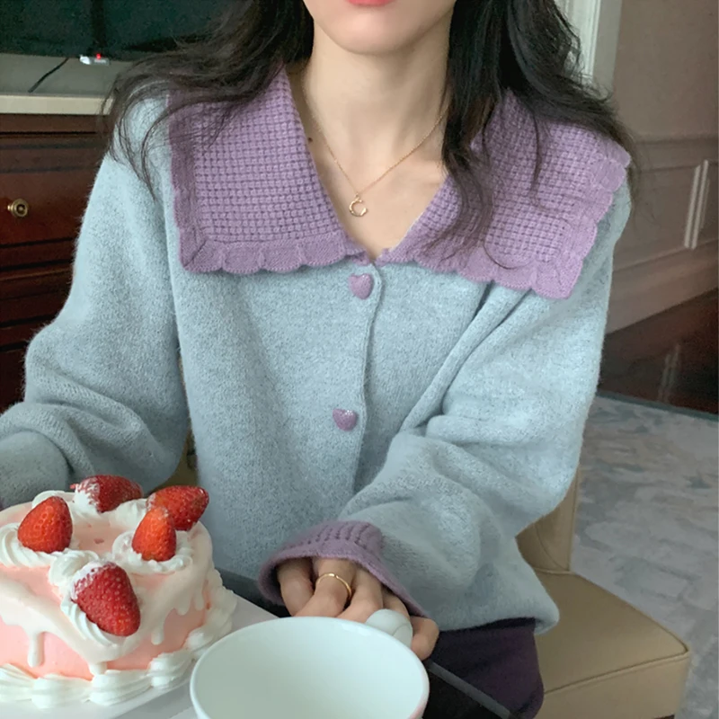 

ZCSMLL Autumn and winter retro big lapel contrast color love button loose long-sleeved knitted cardigan sweater jacket women