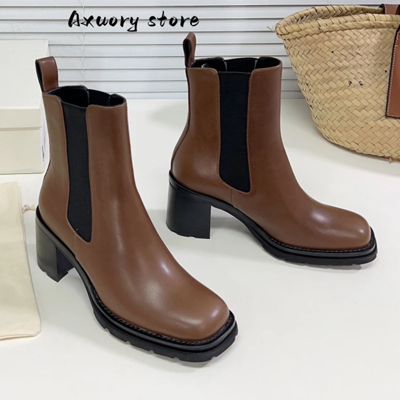 New Black Slip On Shoes Women Short Boots Fashion Winter Ankle Boots For Women Chelsea Boots Chunky Heel