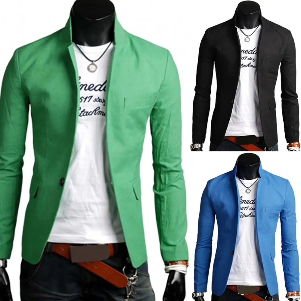 

Men Lapel Collar Business Blazer Solid Color Coat Blazer Autumn Pockets Button Decor Business Blazer