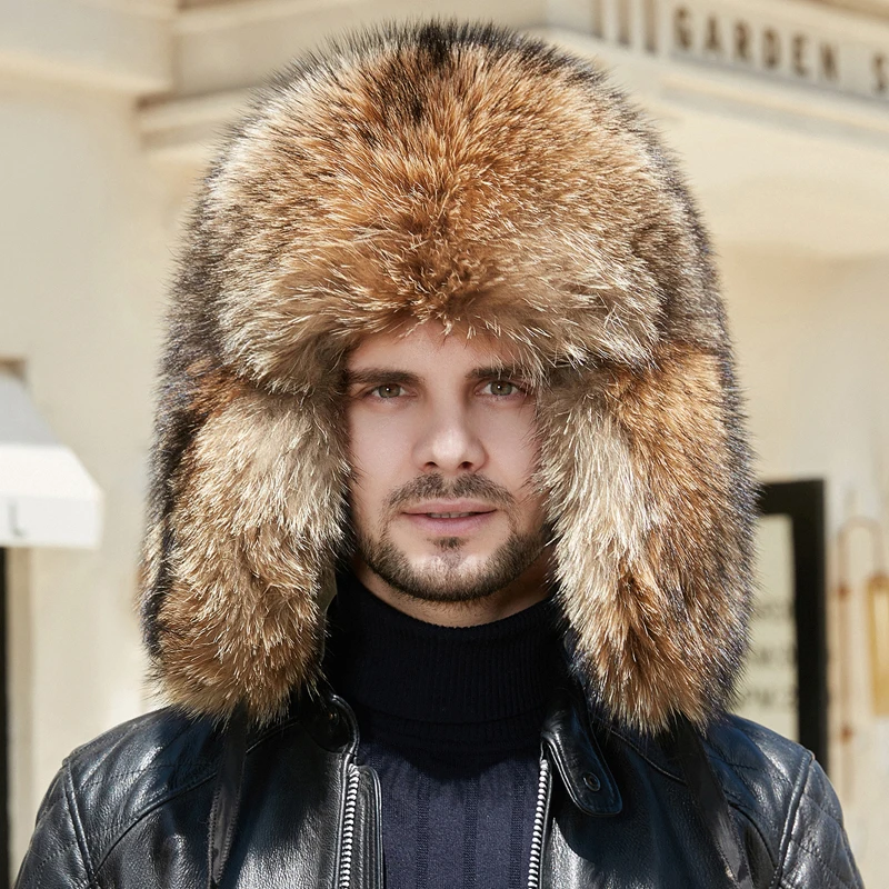 2023 Women Men's Fashion Winter Real Raccoon Fur Trooper Hat Authentic Raccoon Fur Hat With Sheep Leather Visor Luxury Fur Cap