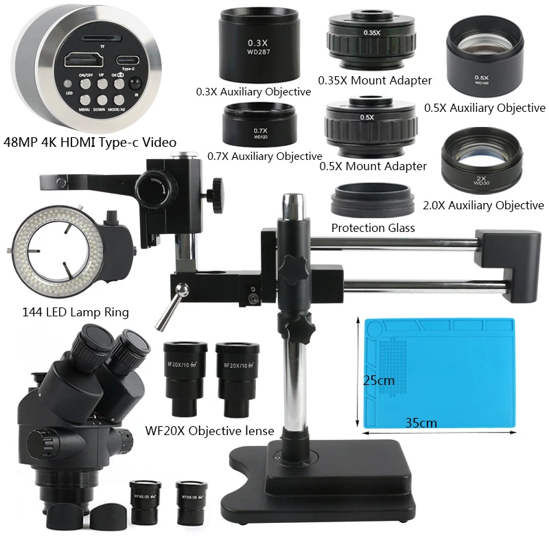 

Double Boom Arm Stand Industrial Lab PCB Soldering Jewelry Trinocular Microscope with 48MP 55MP HDMI USB Type-c 4K Video Camera