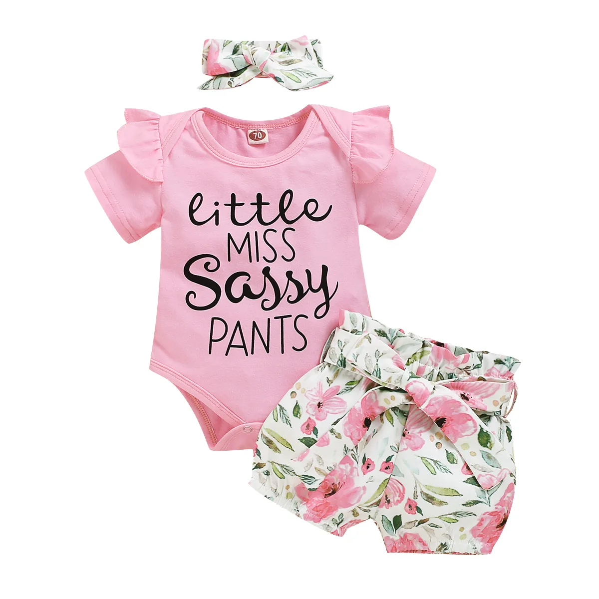 

Summer Toddler Girl Clothes Sets Fashion Letter Printed Pink Rompers + Floral Shorts + Headbands 3PCS Infant Outfits Tracksuits