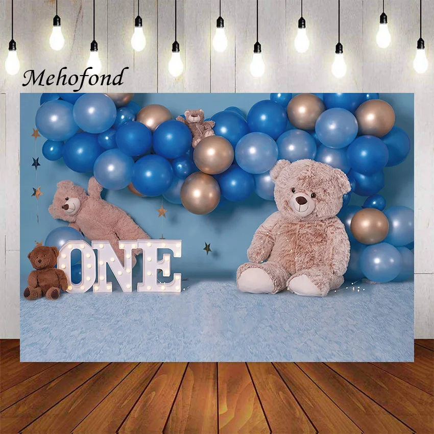 

Фон для фотосъемки Mehofond синие воздушные шары Игрушка коричневый медведь мальчик 1-й день рождения торт разбивать украшение Фотофон для студ...