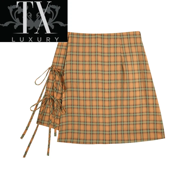 

Plaid Women Summer A-Line Side Lace-Up Elegant All-Match Skirt Korean Vintage Asymmetrical High Waist Mini Skirts