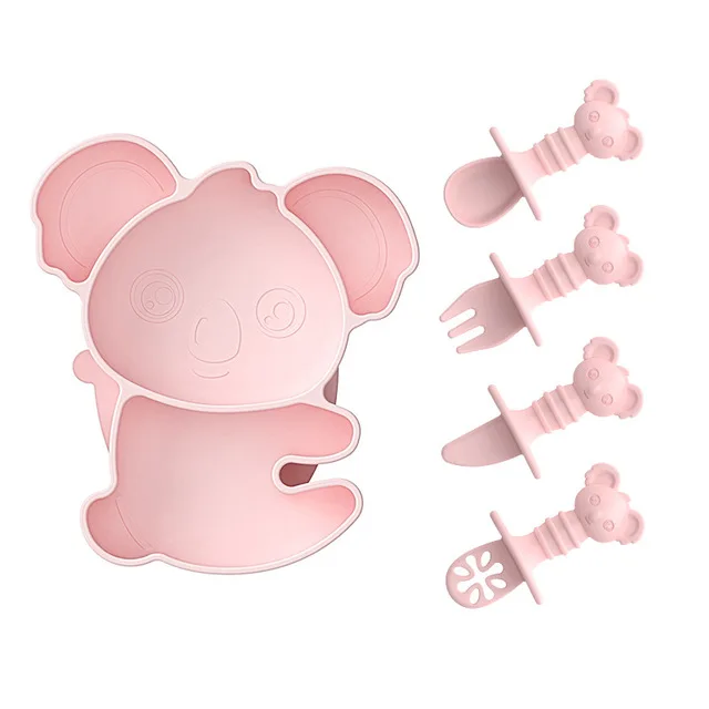 

5pcs/set Baby Dinner Plate Set Baby Feeding Plate Training Bowl Spoon Fork Kara Cartoon Illustration Non-slip Dinner Plate
