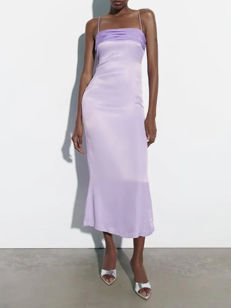 

Новинка, Летняя женская одежда, милое уличное праздничное платье во французском стиле с бантом, фиолетовое нишевое атласное платье на бретелях с разрезом