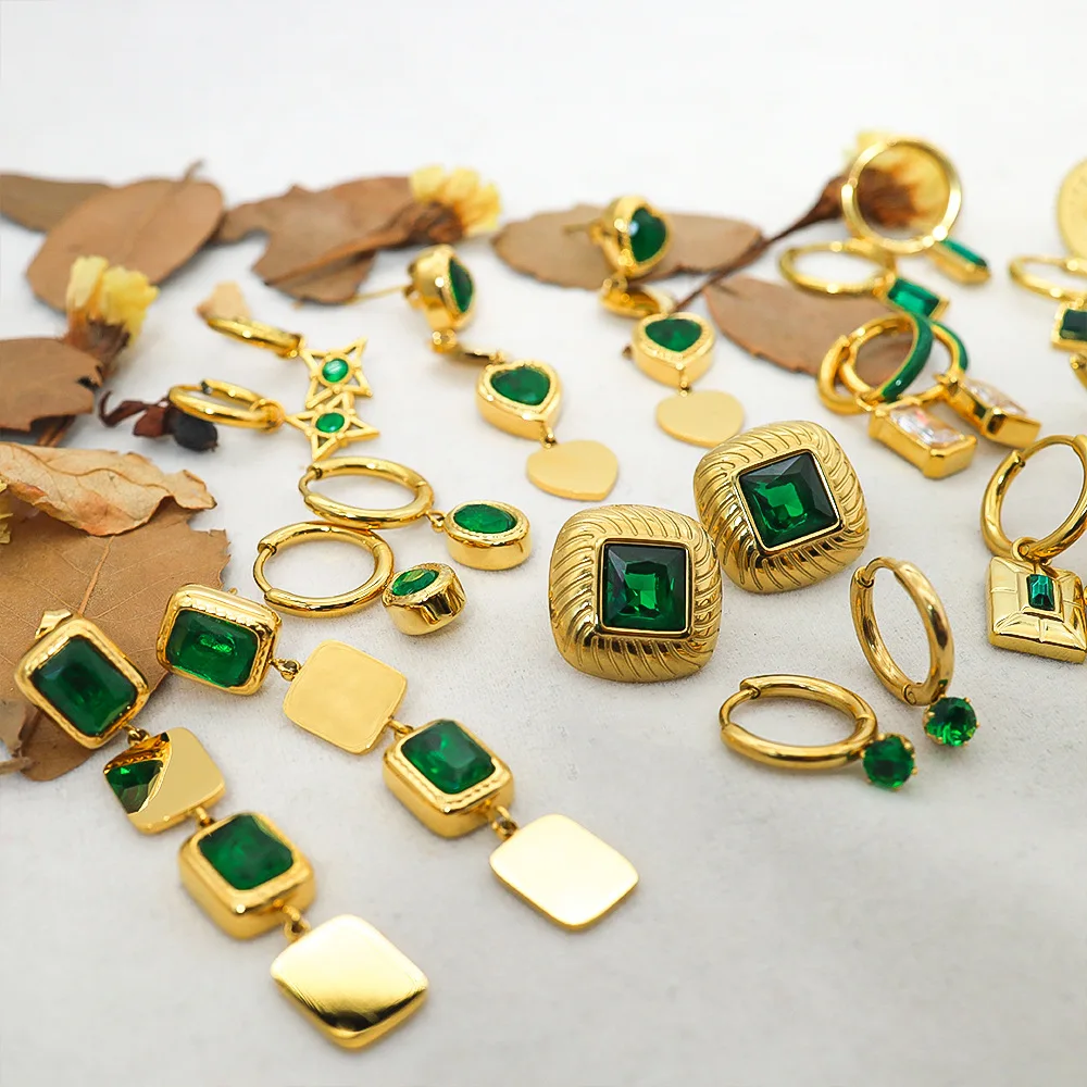 

Fashionable 18K Gold Plated Emerald Geometric Drop Dangle Earrings Hypoallergenic Stainless Steel Zircon Gemstones Hoop Earrings