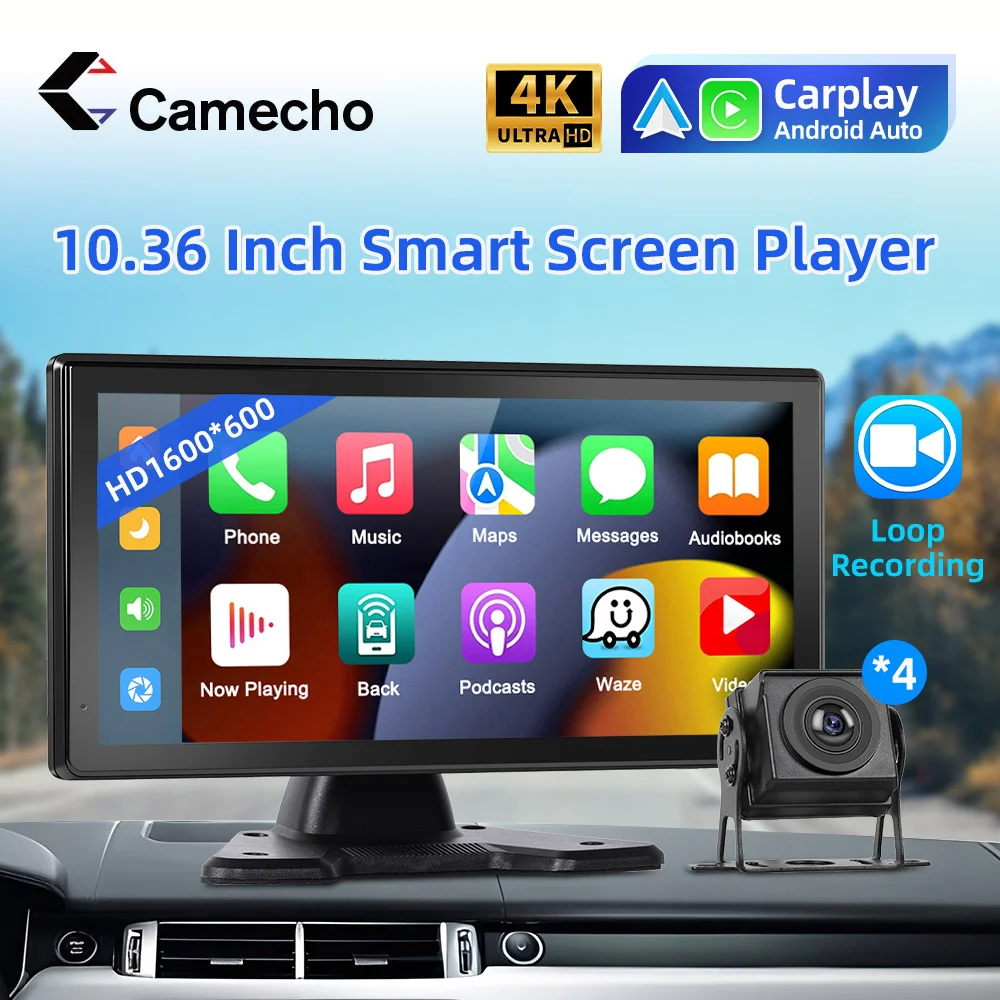 

Camecho умный плеер, экран 10,36 дюйма, монитор Carplay, автомобильное радио, Интеллектуальный Android авто Apple Airplay с Android Cast, 4 камеры