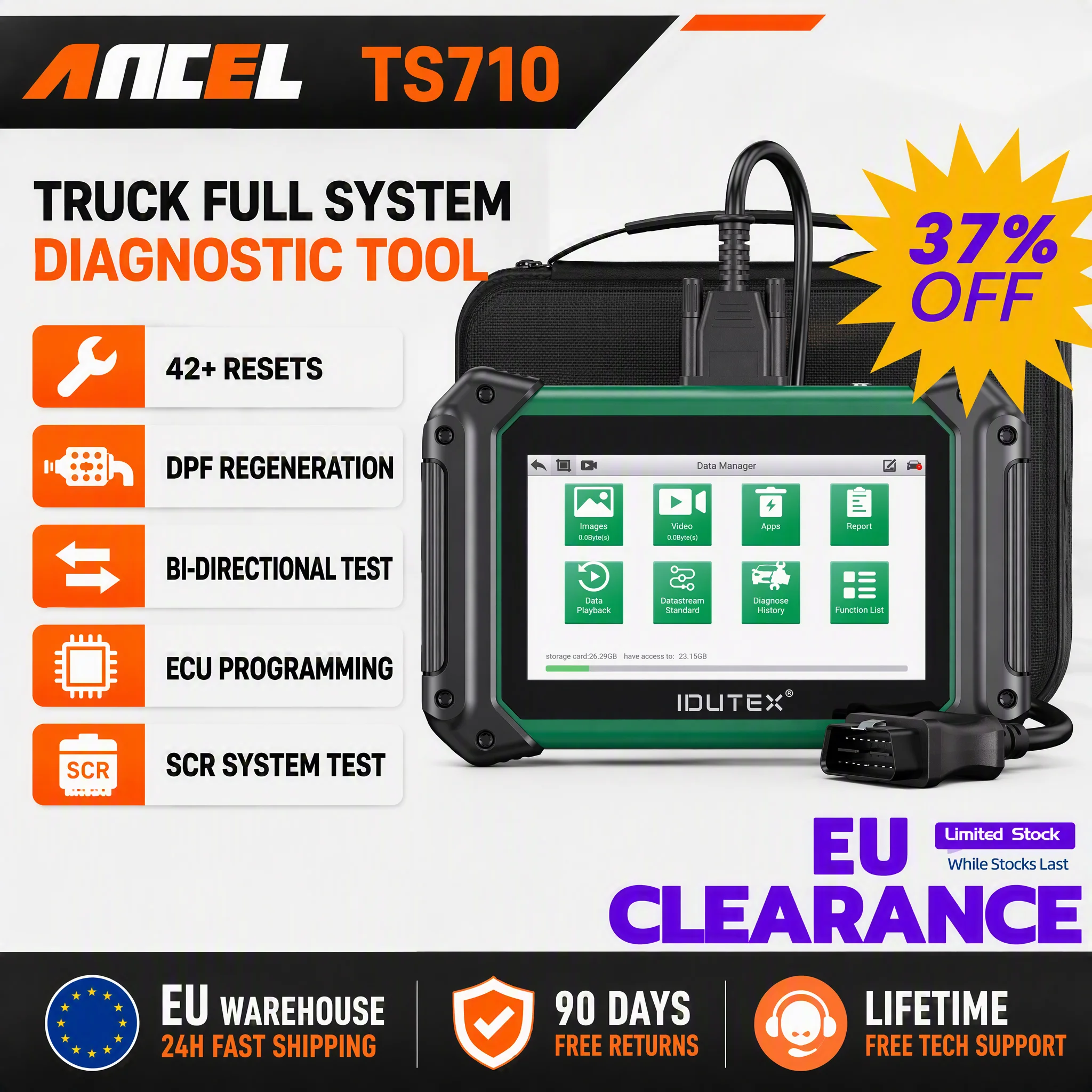 Фото Сканер OBD2 2026 для тяжелых дизельных грузовиков IDUTEX TS710, двунаправленный, с функцией регенерации DPF, 42+ функций сброса, 12В/24В, диагностический инструмент для всех систем. №1