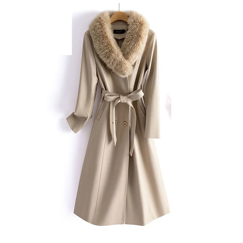 Женское толстое женское кожаное пальто средней длины из натуральной кожи