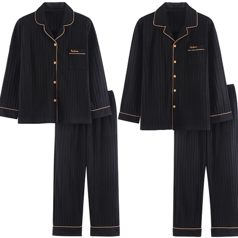 QUHENG Solid Color Sleepwear Cotton Pajamas Couple Set Long Buttons-Down Pyjamas Suit Pijama Women Men Loungewear Plus Size Set