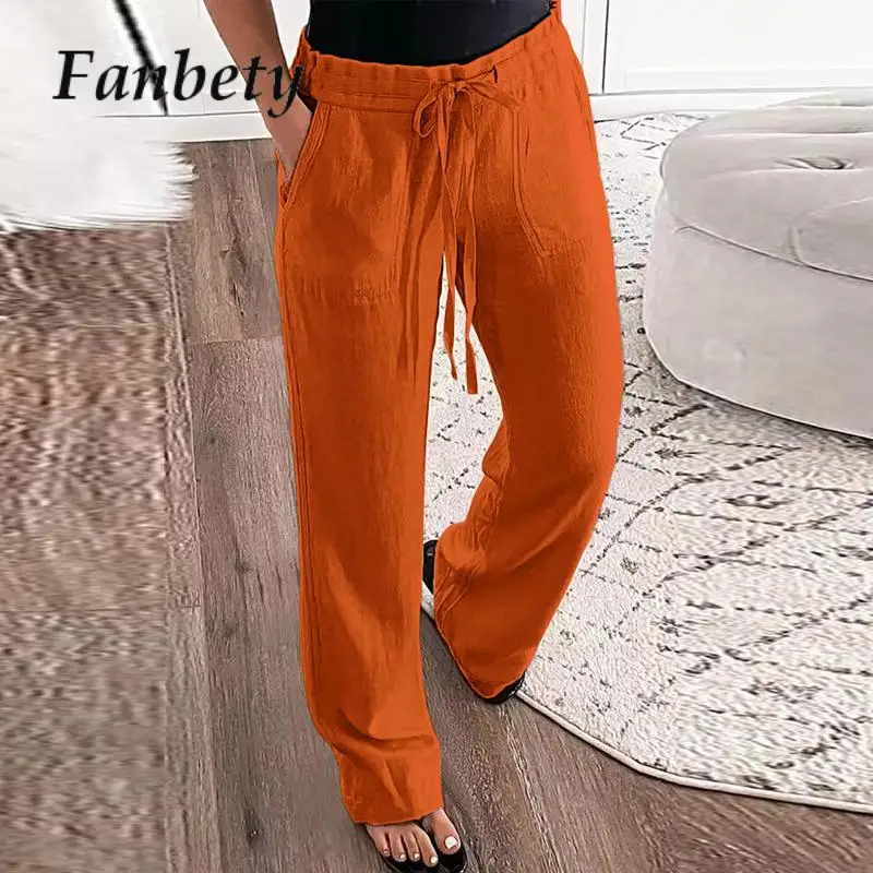 

Брюки женские длинные из хлопка и льна, на шнурке, с карманами