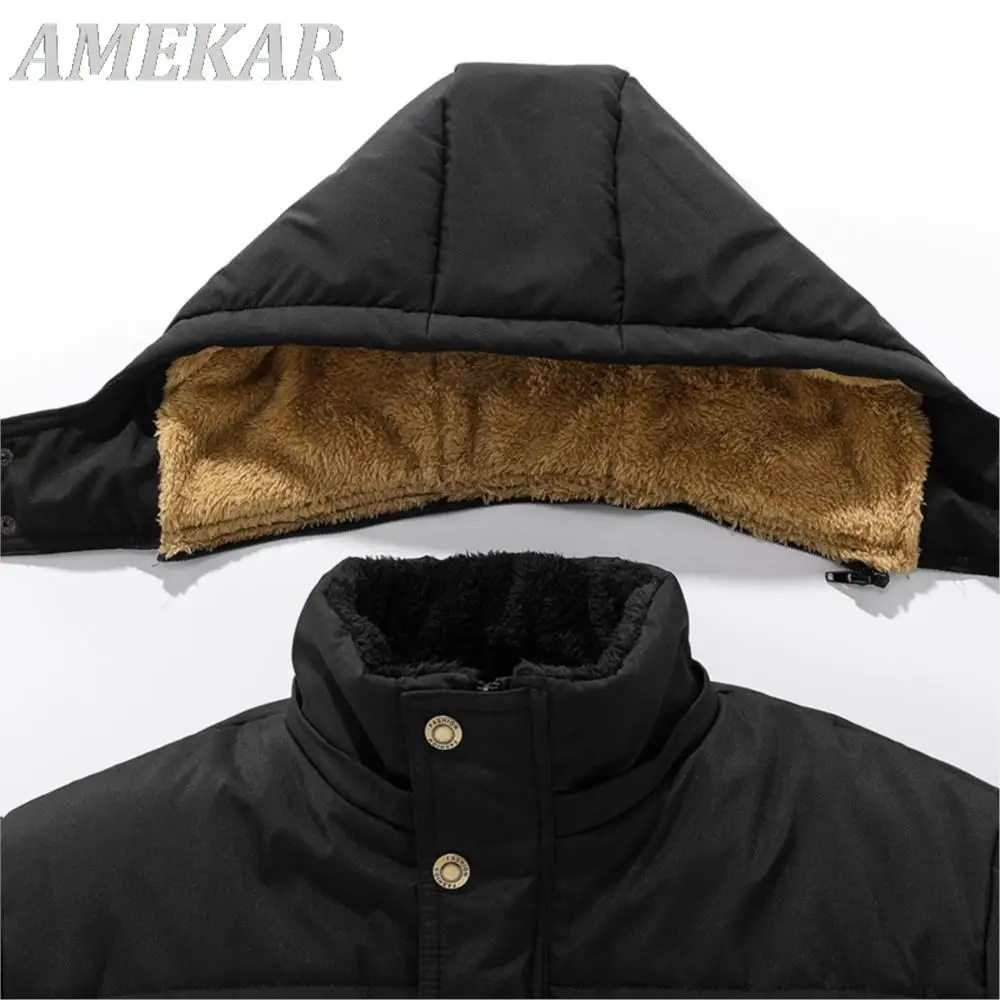 2023 New Men's Winter Parka Fleece Lined Thick Warm Hooded Fur Collar Coat Male Down Jacket Plush Jacket Autumn Work Outwearing