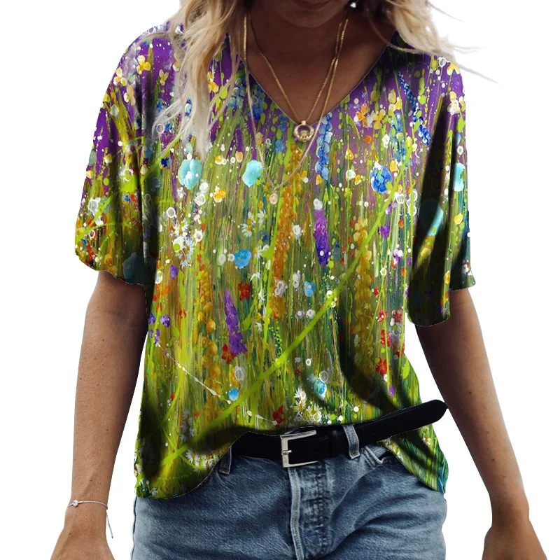 

Women Printed Summer T Shirts 2021 New Fashion Casual Loose Elegant Korean Harajuku Ladies Tops Short Sleeve V Neck Tee Female