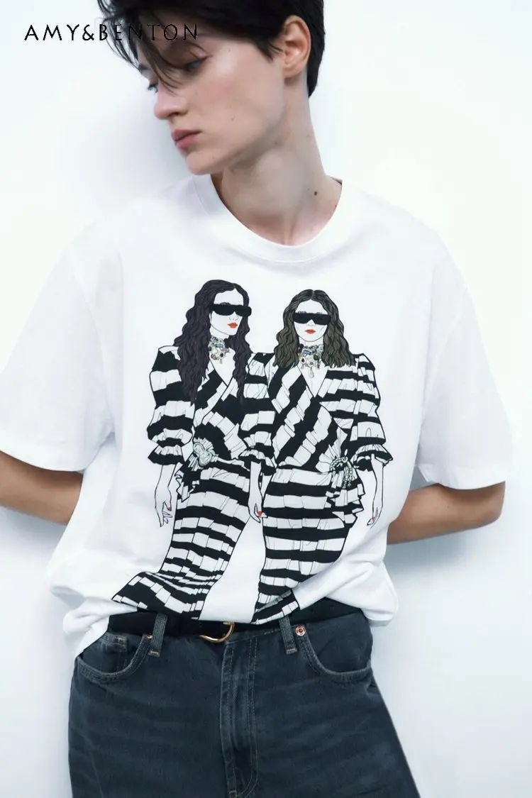 

European and American Female Clothing Spring New Casual White Tops Short Sleeve Embroidered Girl Printed T-shirt for Women