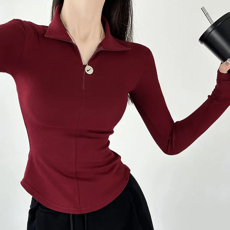 

Футболка женская осенняя в американском стиле, модная пикантная Спортивная повседневная универсальная однотонная простая повседневная Элегантная футболка с длинным рукавом для отдыха