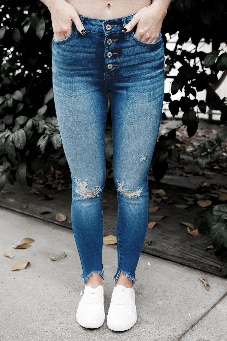 

New Distressed Women’s Stretchy Skinny Jeans Button Slim Fit Ripped Denim Mid Waist Butt Lift Jeans Denim Pants