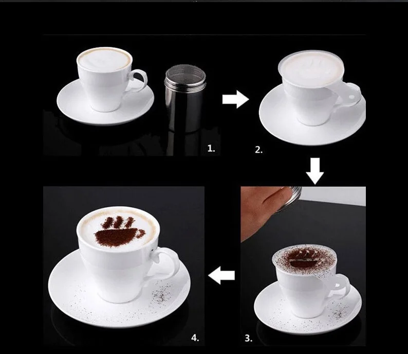 Stainless Steel Chocolate Shaker Cocoa Flour Coffee Sifter or 19Pcs Coffee Stencils Template Strew Pad Duster Spray Set images - 6