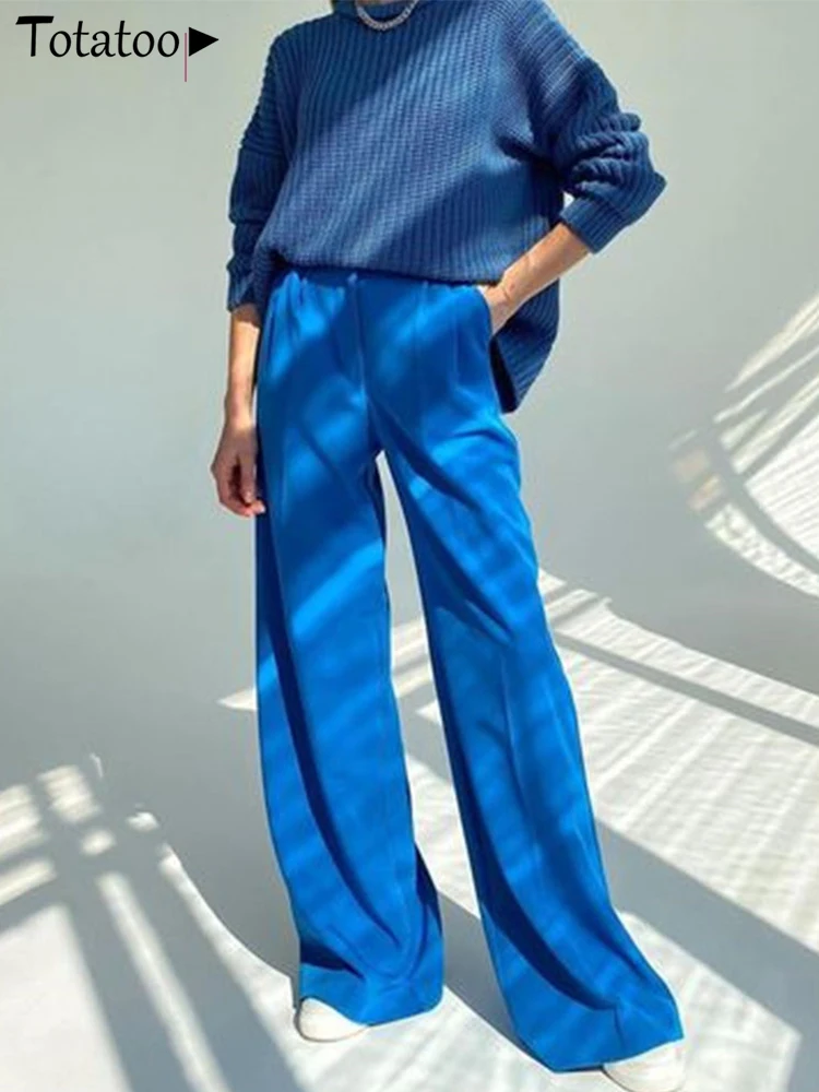 

Totatoop Blue Wide Leg Women's Suit Floor Pant 2022 Summer High Waist Pocket Vintage Office Lady Casual Loose Straight Full Pant