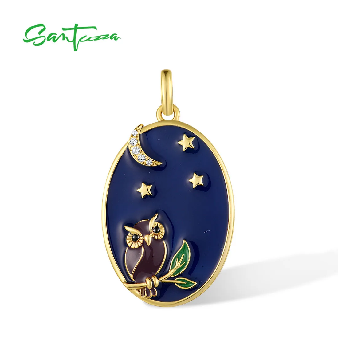 

Женский кулон в виде совы и Луны SANTUZZA, из серебра 100% пробы с белым кубическим цирконием и эмалью, модные ювелирные украшения унисекс