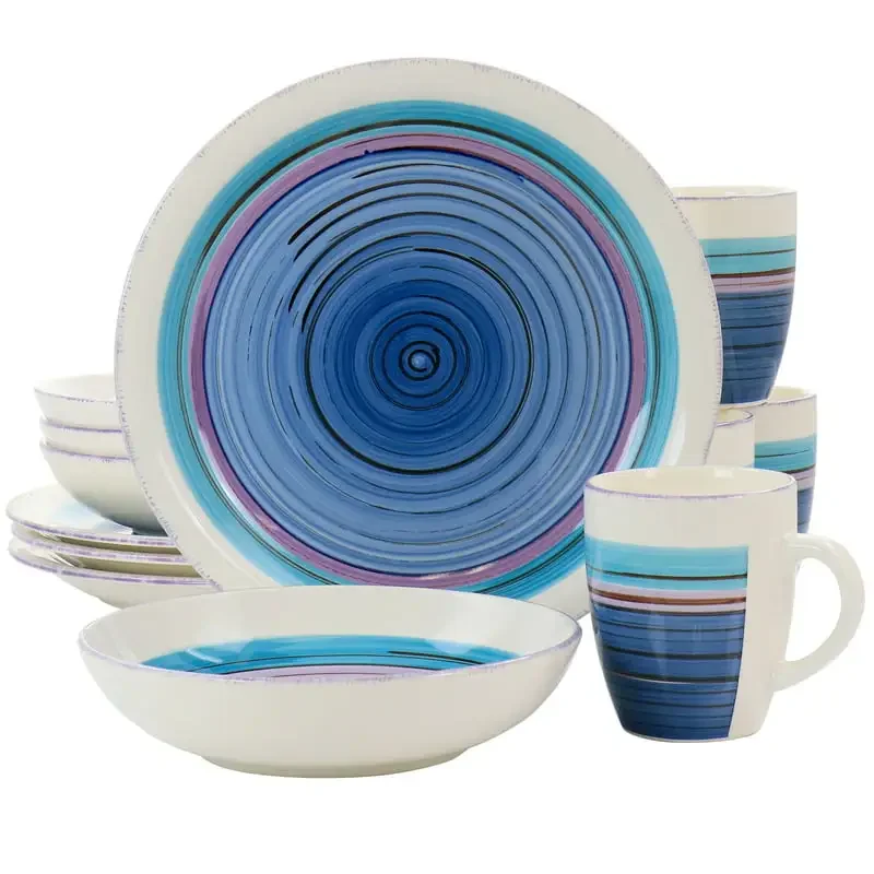 

Круглый столовый сервиз Durastone Richvale из 12 предметов синего цвета, безопасная и безопасная посуда