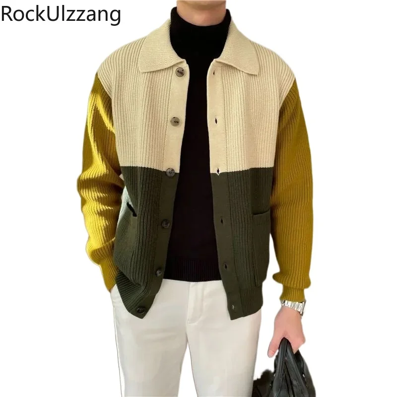 

Knitwear Sweater Top Long Sleeve Cardigan Coat Man Women Knitted Knit Loose Plus Size colorblock contrast patchwork button up
