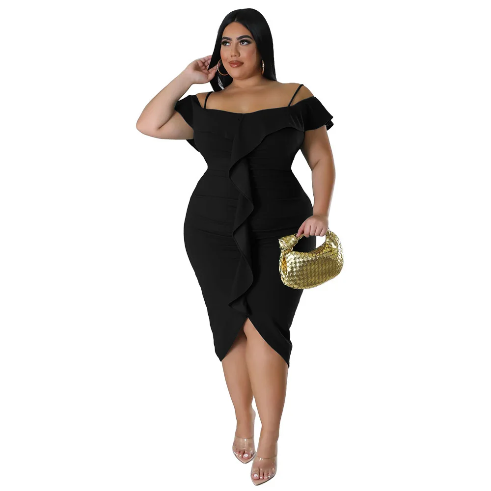 Plus Size Summer Ruffles Slash Neck Women Bodycon Dress Spaghetti Dress Party Holidays Casual Short Sleeves 3xl 4xl 5xl 6xl