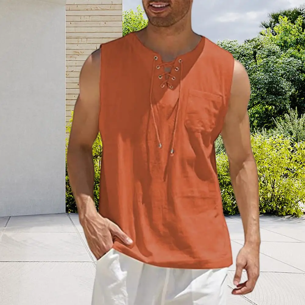 

Men Tank Top Stylish Men's Summer V-neck Bandage Vest Streetwear with Patch Pocket Loose Fit T-shirt Solid Color Summer Top