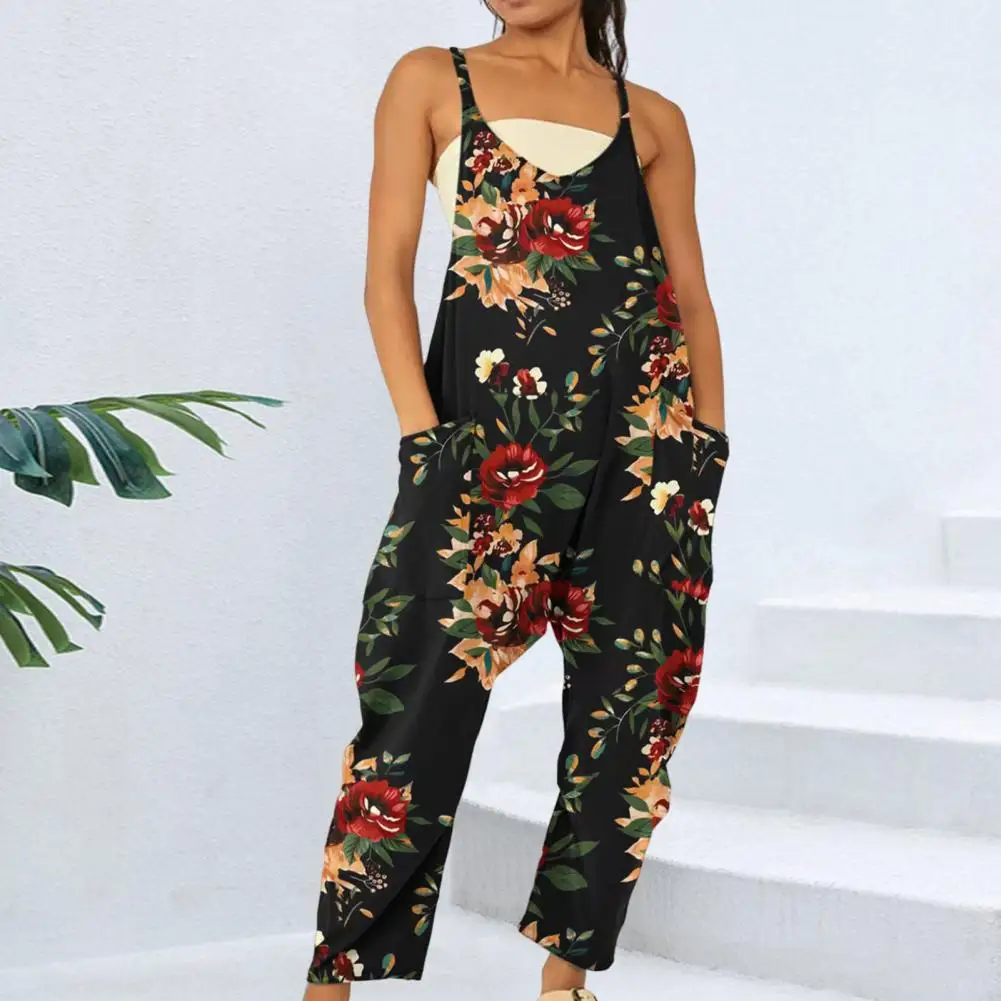 

Suspender Jumpsuit All Match Loose Printing Casual Pockets Everyday Wear Cotton Blend Sling Wide Leg Summer Jumpsuit Work Supply