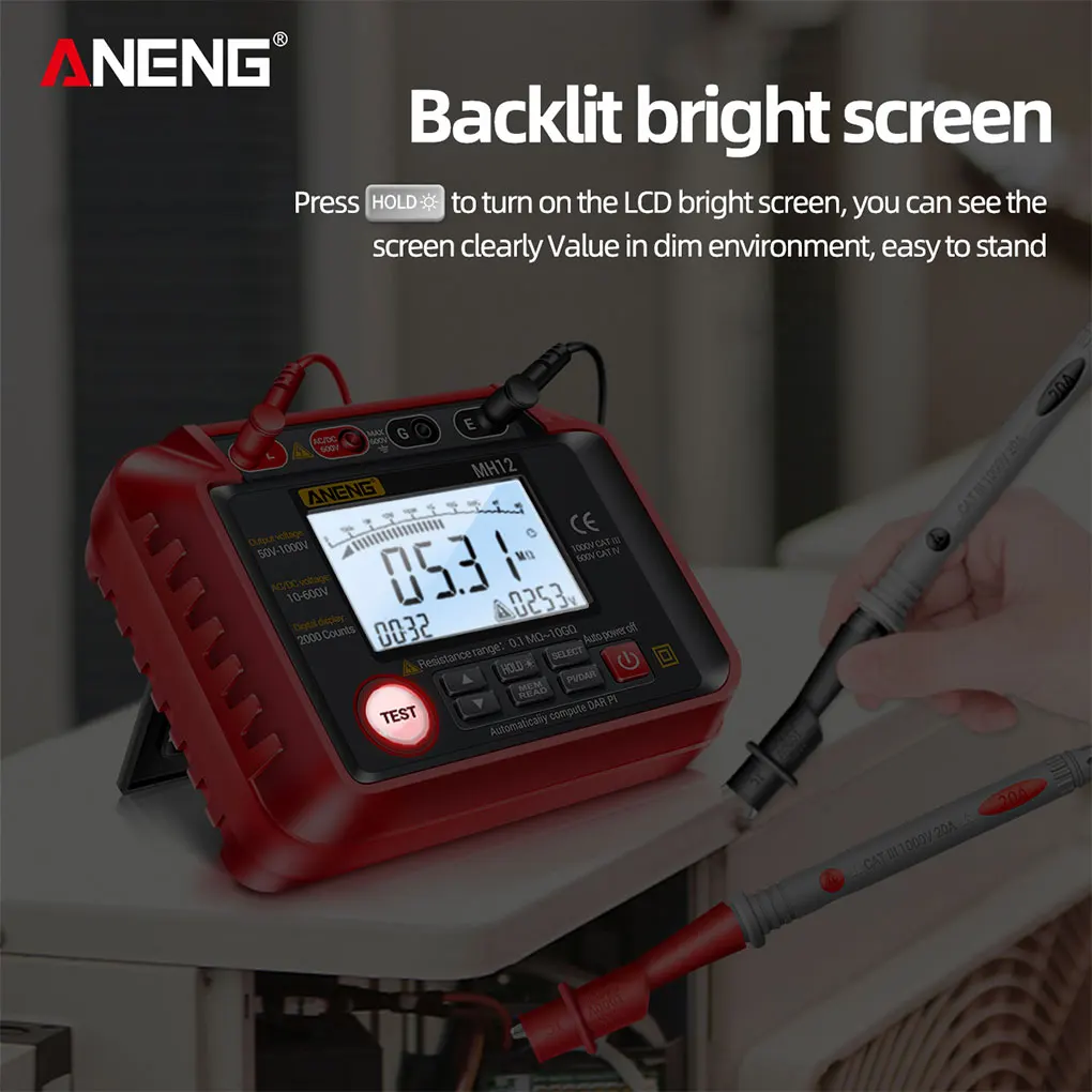 

ANENG Digital Display Adjustable Megohmmeter Insulation Earth Ground Resistance Meter Data Hold Tester Plastic