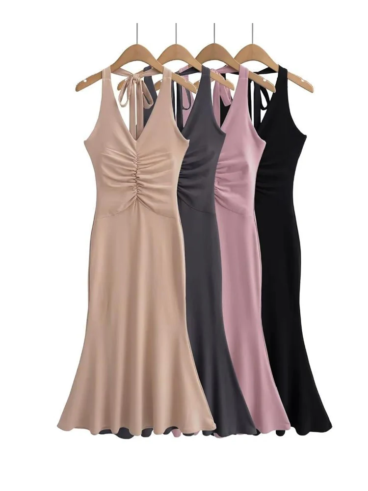 

Elegant Halter Sleeveless Midi Dress Women Folds Slim Stretchable Solid Color Dresses