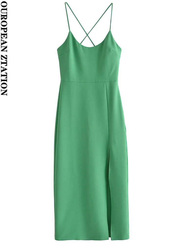 

PAILETE Women 2022 fashion front slit green midi dress vintage backless zipper crossover thin straps female dresses vestidos