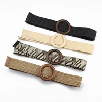 vintage boho straw wide waist belt braided knitted womens belt waistband round wooden smooth buckle decorative classic 2022