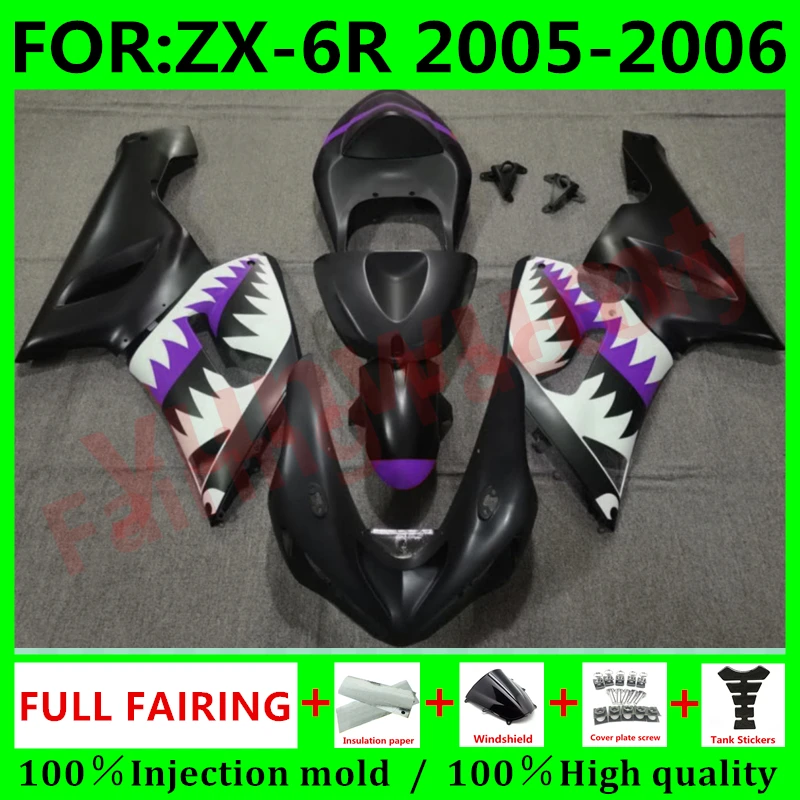 

Motorcycle Injection mold Fairings Kit fit for Ninja ZX-6R 2005 2006 ZX6R zx 6r 636 05 06 bodywork full fairing set black shark