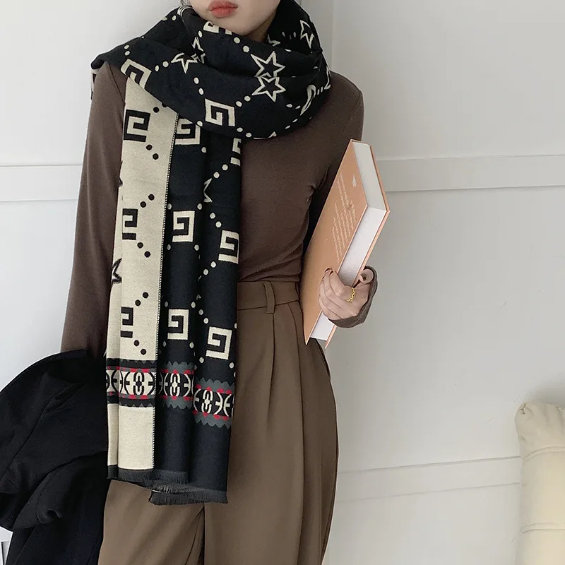 Дизайнерский кашемировый зимний шарф для женщин, толстая шаль из пашмины с буквенным принтом, женское теплое одеяло, повседневные палантин...