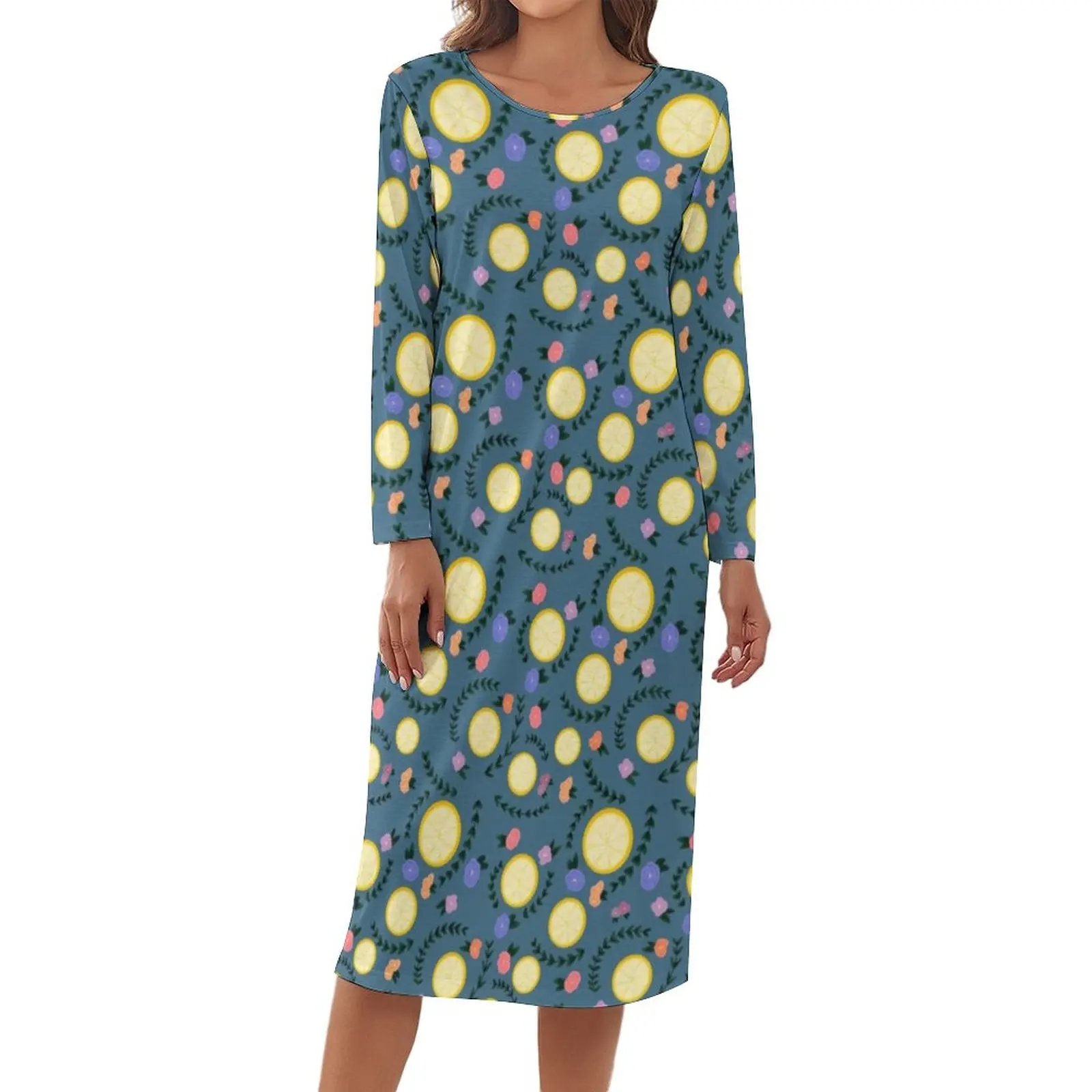 

Пижама женская с круглым вырезом, длинным рукавом и цветочным принтом